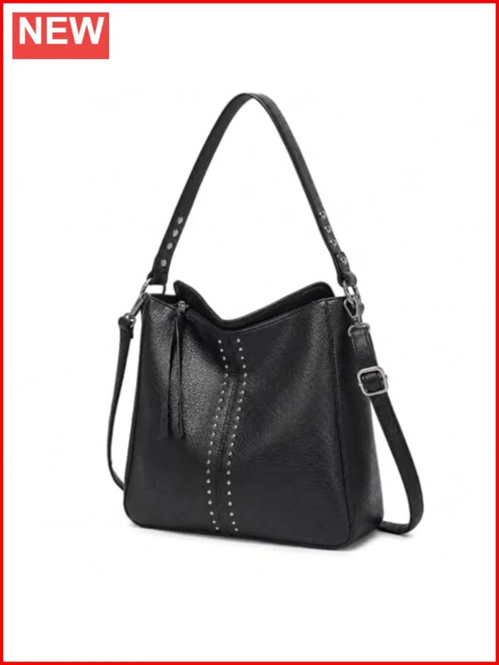 Faux Leather Studded Hobo Crossbody Purse with Zip Top